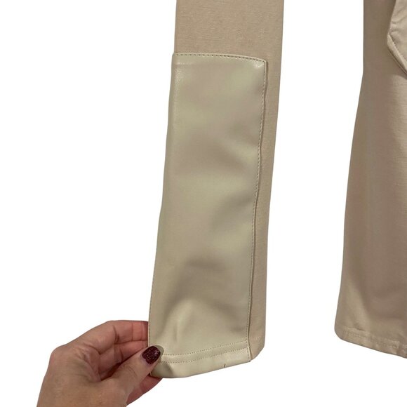 Bagatelle Colelction Tan Waterfall Open Cardigan w/Faux Leather Arm Patches Size - Picture 3 of 8